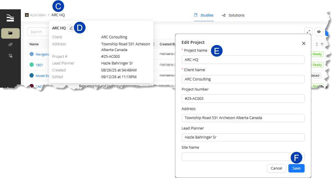 Editing project details for ARC HQ, including client and address information.